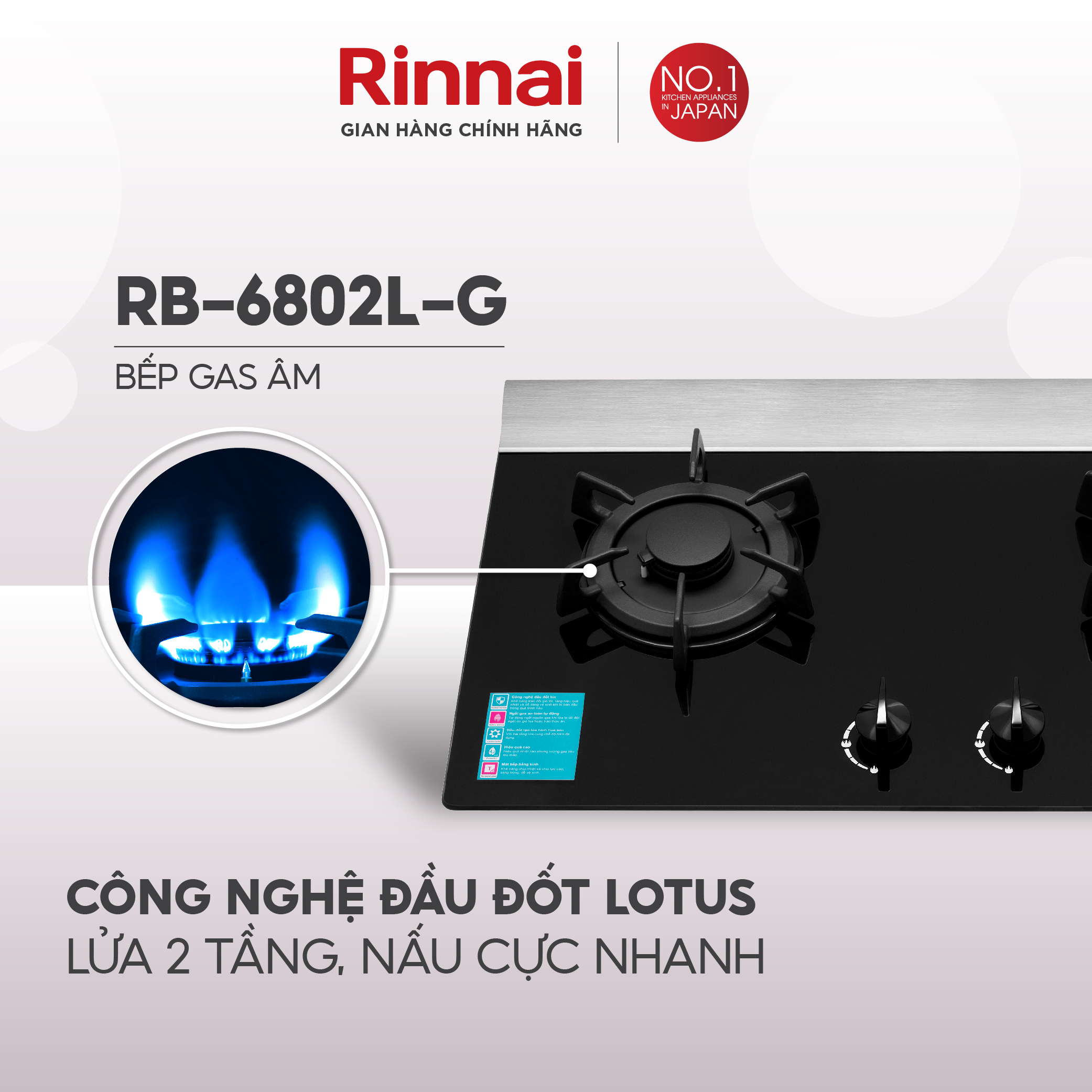 Bếp gas âm Rinnai RB-6802L-G mặt bếp kính và kiềng bếp gang - Hàng chính hãng.