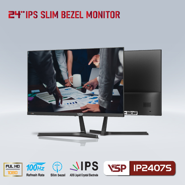 Màn hình Tràn viền Gaming VSP IP2407S 24inch (23.8&quot; IPS FHD 100Hz, HDMI+VGA+Audio 3.5) - Hàng chính hãng TECH VISION phân phối