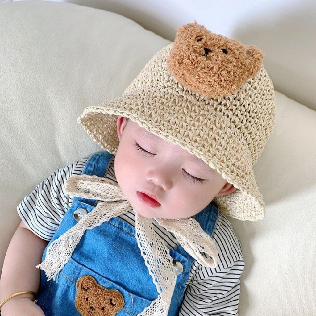 Mũ nón bucket chất cói mềm đính gấu bông xù dễ thương cho bé MH178 Mimo Baby