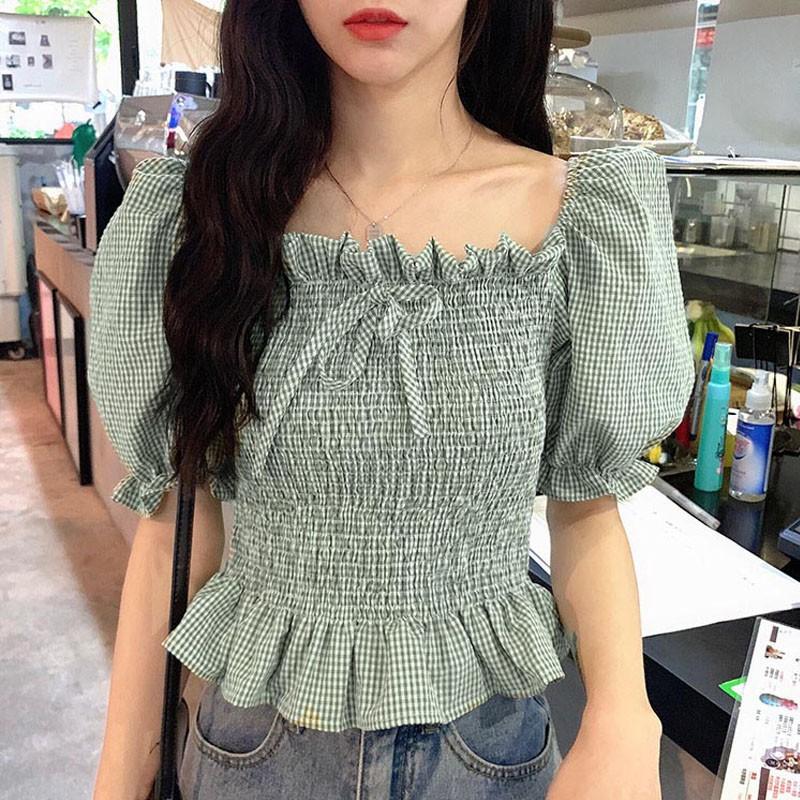 Áo Kiểu Tay Phồng Cổ Vuông Phối Nơ Họa Tiết Sọc Caro Phong Cách Retro