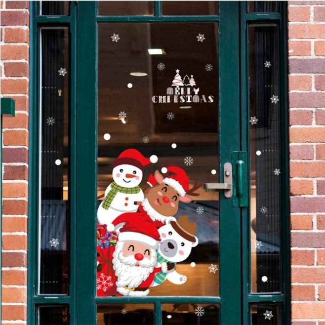 Decal trang trí Noel người tuyết, gấu trắng và ông noel lấp ló chào đón