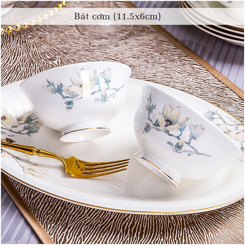 Bộ bát ăn cơm SỨ XƯƠNG Giang Tây cao cấp 60 chi tiết - Bộ chén ăn cơm sang trọng, tinh tế - Bát đĩa mỏng nhẹ nhưng cứng trong và cách nhiệt tốt. Mã GS18