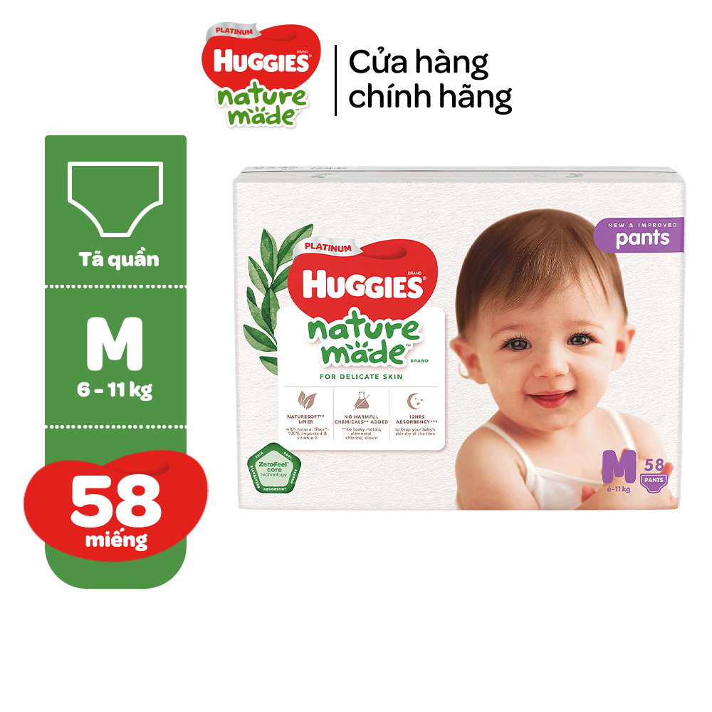 Tã/Bỉm quần Huggies Platinum NatureMade M58/L44/XL38/XXL26-Gói Super Jumbo & Jumbo