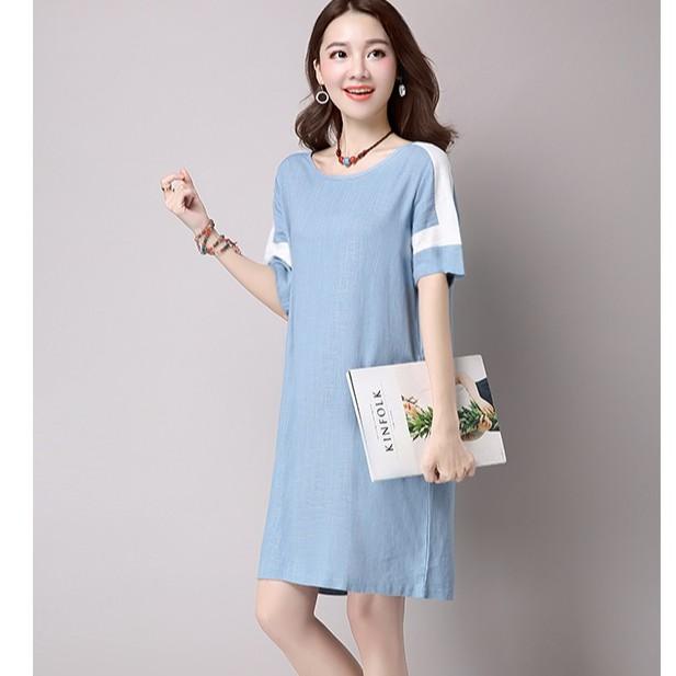 Đầm suông công sở hai túi chéo, chất vải thô đũi mềm mại thích hợp mùa hè, thời trang trẻ