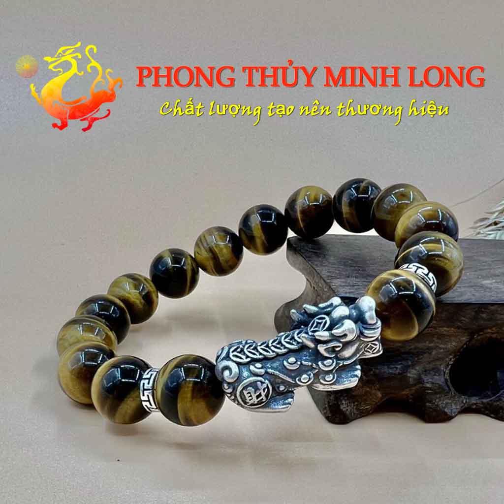 Vòng đá mắt hổ Vàng Nâu chất lượng 5A mix Tỳ Hưu bạc Thái hợp mệnh Thổ và Kim