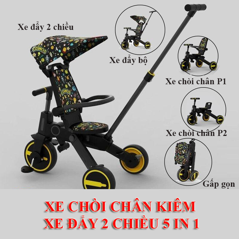 Xe  đẩy 3 bánh hai chiều kiêm xe chòi chân cho bé gấp gọn, dành cho bé từ 1 - 5 tuổi Trọng tải 40kg, siêu nhẹ 6kg