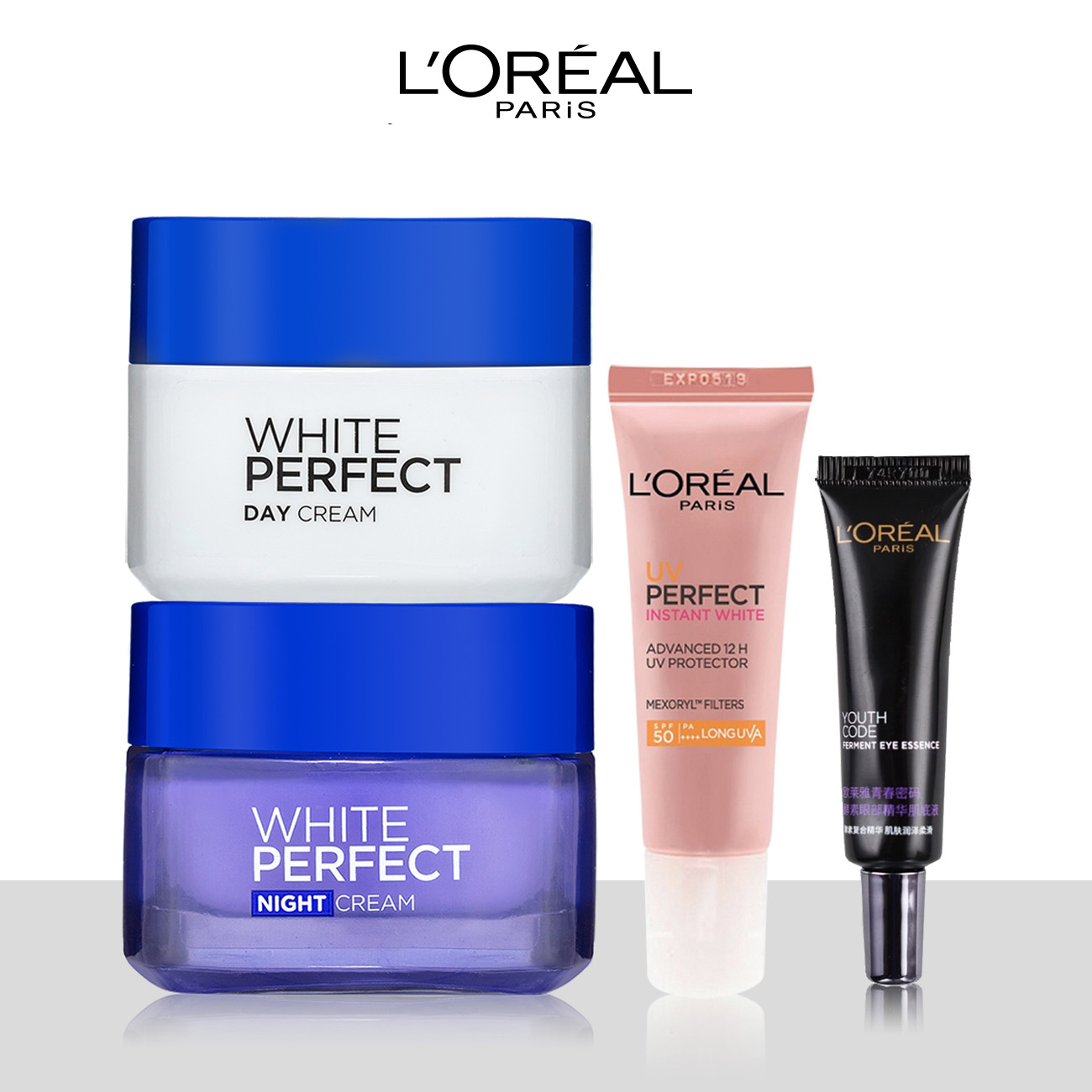 Bộ đôi kem dưỡng trắng,trẻ hóa bảo vệ da L'Oreal Paris White Perfect (Kem N-D,YC mini,KCN mini)