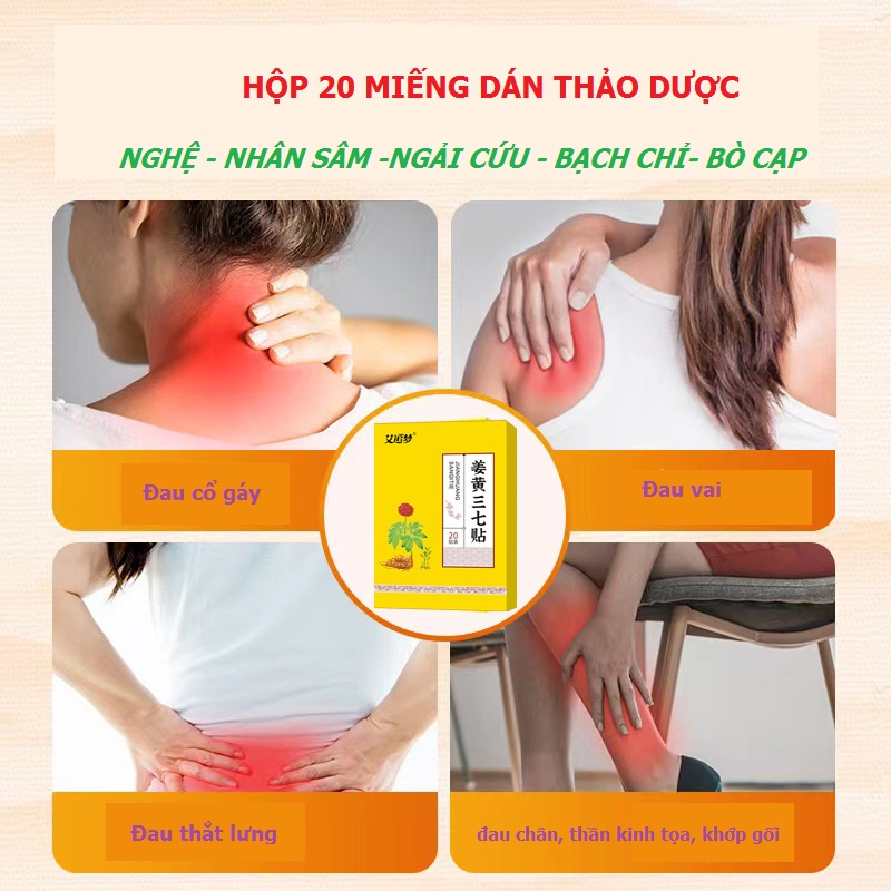 Hộp 20 miếng cao dán thảo dược nhân sâm, nghệ, ngải cứu , bạch chỉ giúp giảm đau cổ vai gáy,thắt lưng