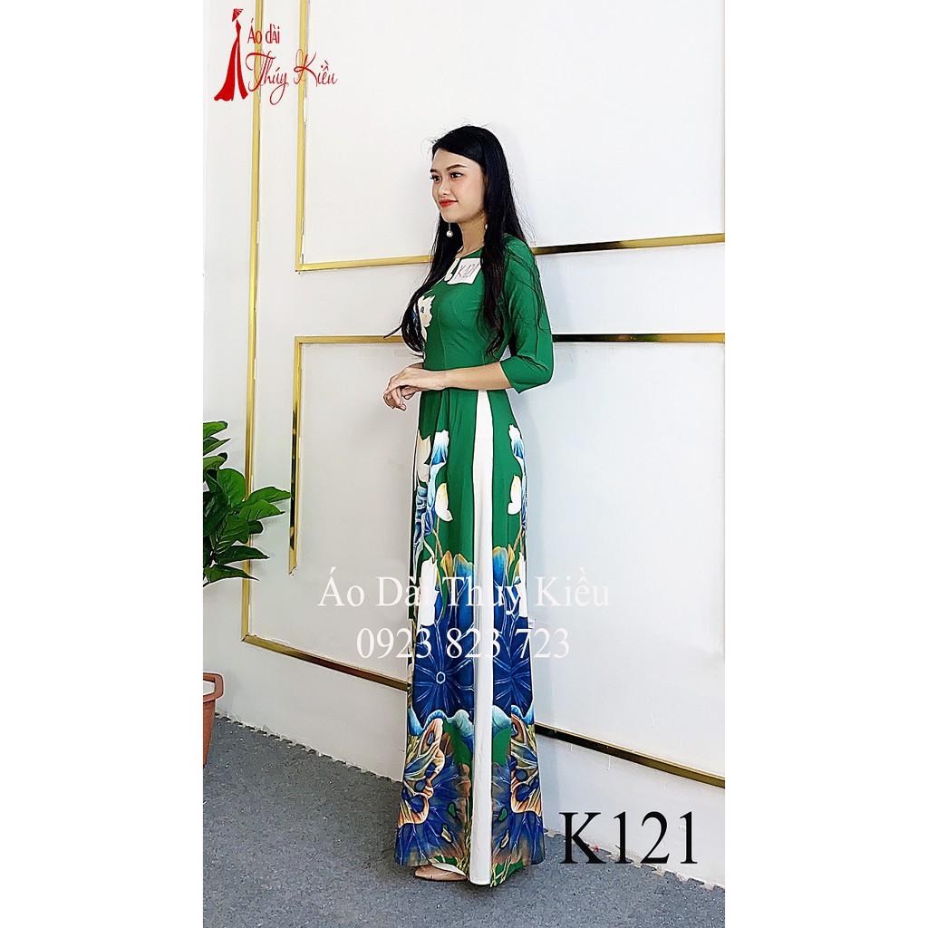 Áo dài in 3D lụa Nhật nền xanh lá in hoa sen K121 ️️ mềm mại, co giãn, thấm hút mồ hôi
