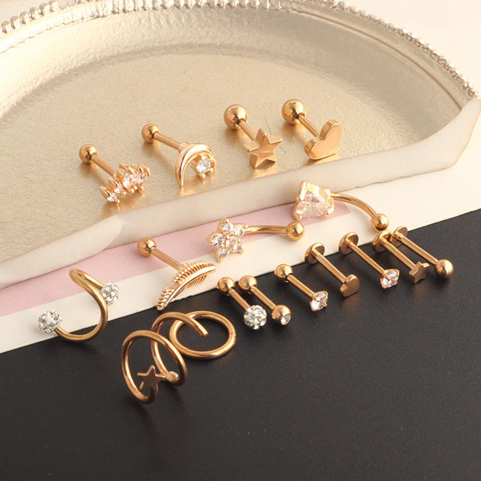 17Pcs Stainless Steel Earrings Set, Piercing Studs Piercing Jewelry, Earring Hoops, Barbell Stud, Heart Star Moon Earrings Hoop Stud Gifts