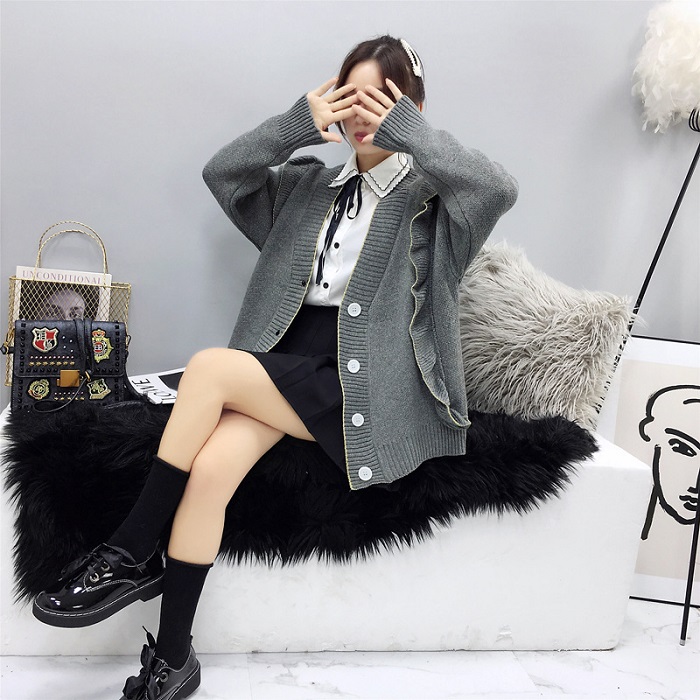 Áo khoác len cardigan nữ len xám phối bèo siêu cute - DL51200 - Hàng Quảng Châu cao cấp