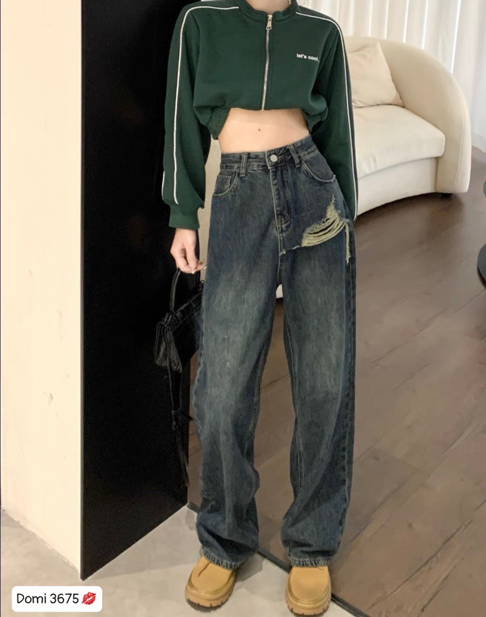 QUẦN JEANS LƯNG CAO ỐNG RỘNG SUÔNG ĐỨNG RÁCH DẠO PHỐ DỰ TIỆC - L &lt;55kg