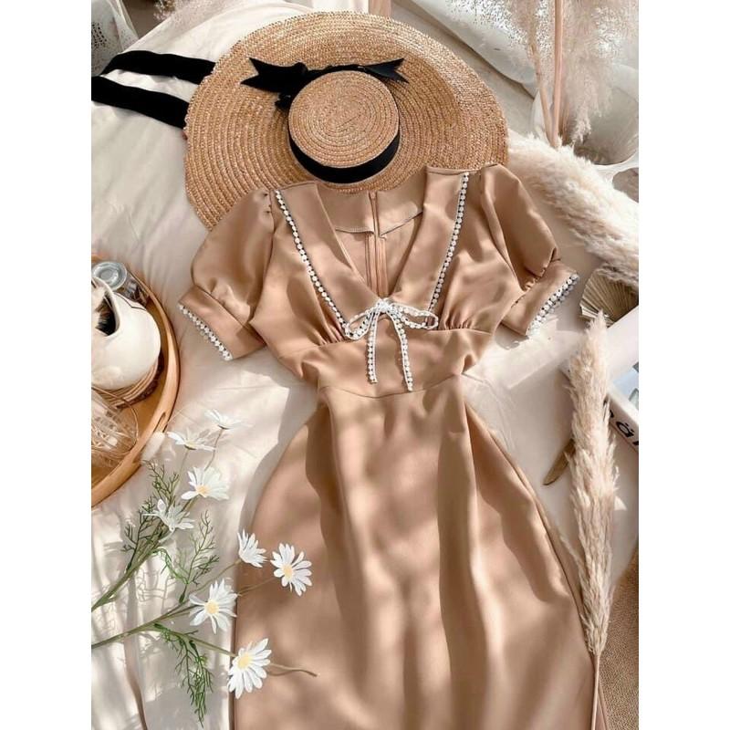 Đầm Midi Nude Viền Ren Nơ Ngực - Kèm Hình Thật