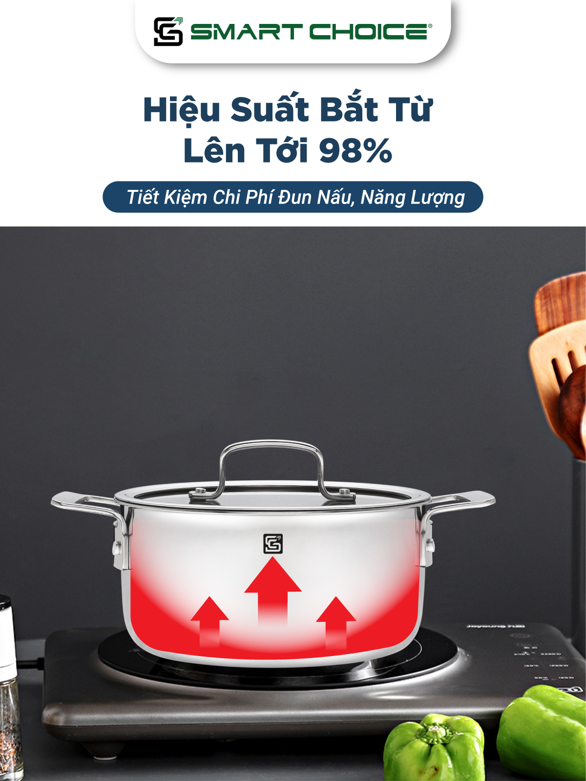 Nồi Inox 304 SmartChoice  SCG-NL001 Chính Hãng Liền Khối 3 Đáy Cao Cấp Nắp Kính 18cm, 20cm, 24cm
