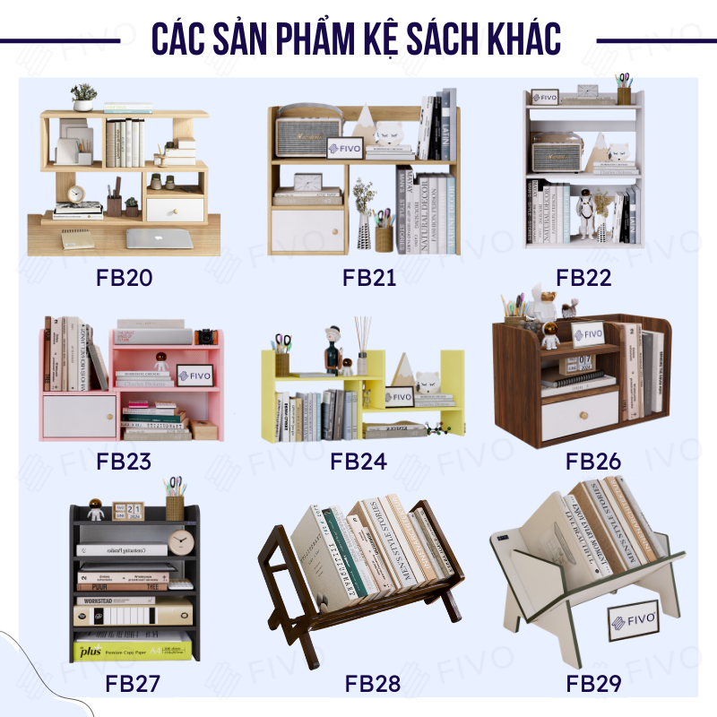 Kệ Sách Gỗ Để Bàn Làm Việc FB29 FIVO, Lắp Ráp Dễ Dàng Không Cần Phụ Kiện, Thiết Kế Hình Chữ V Tiết Kiệm Không Gian