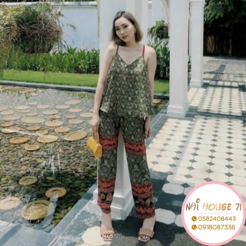 Set Bộ Thổ Cẩm NHIHOUSE71 Áo 2 Dây Cổ V Lưng Yếm Quần Ống Suông Freesize Dưới 55kg