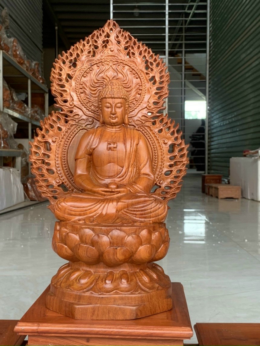 Bộ tượng phật tam thánh tây phương bằng gỗ hương đá kt cao 30×16×16cm +lá chắn hòa quang cao tổng 41×24cm