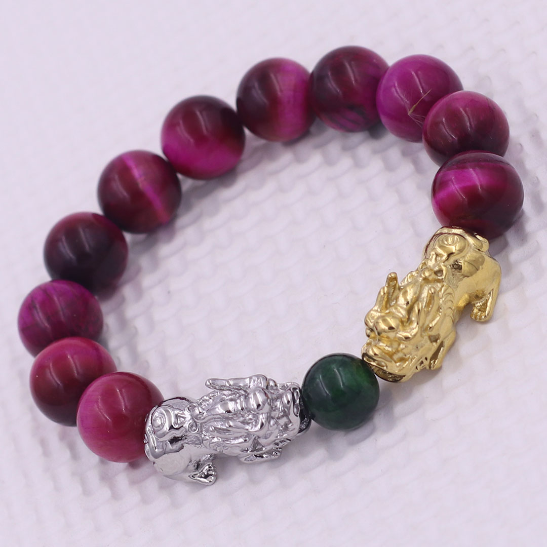 Vòng chuỗi đeo tay đá mắt hổ hồng 12 ly charm tỳ hưu đôi inox trắng và vàng, vòng chuỗi phong thủy, charm tỳ hưu, vòng tay hạt chuỗi