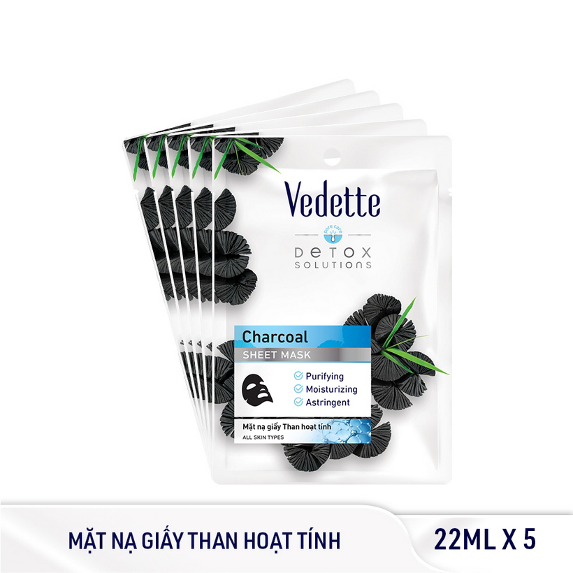 Combo 5 Mặt Nạ Giấy Than Hoạt Tính Vedette (Sạch Sâu, Dưỡng Ẩm) - Gói 22ml