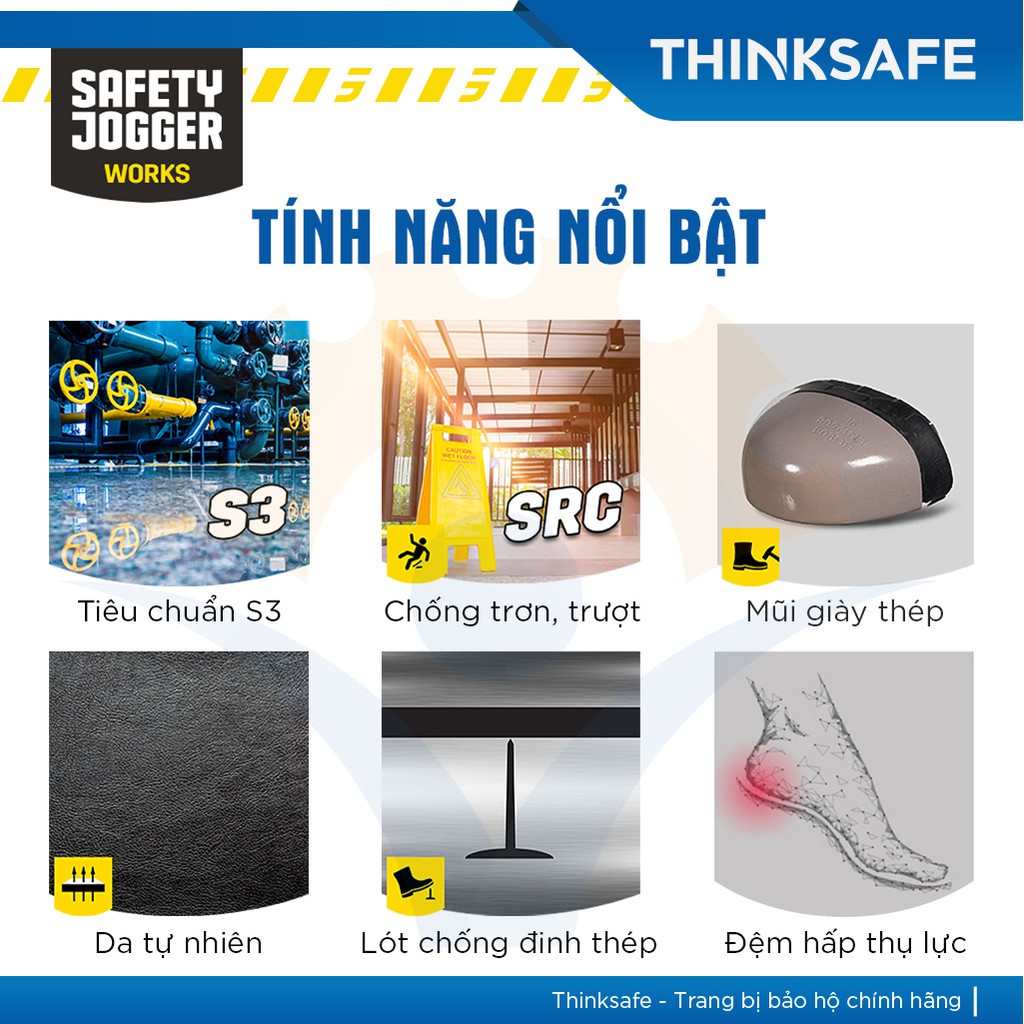 Giày bảo hộ lao động nam Safety Jogger Rush S3 khóa kéo, da thật siêu bền, chống thấm, chống đinh, chống trượt - Thinksafe