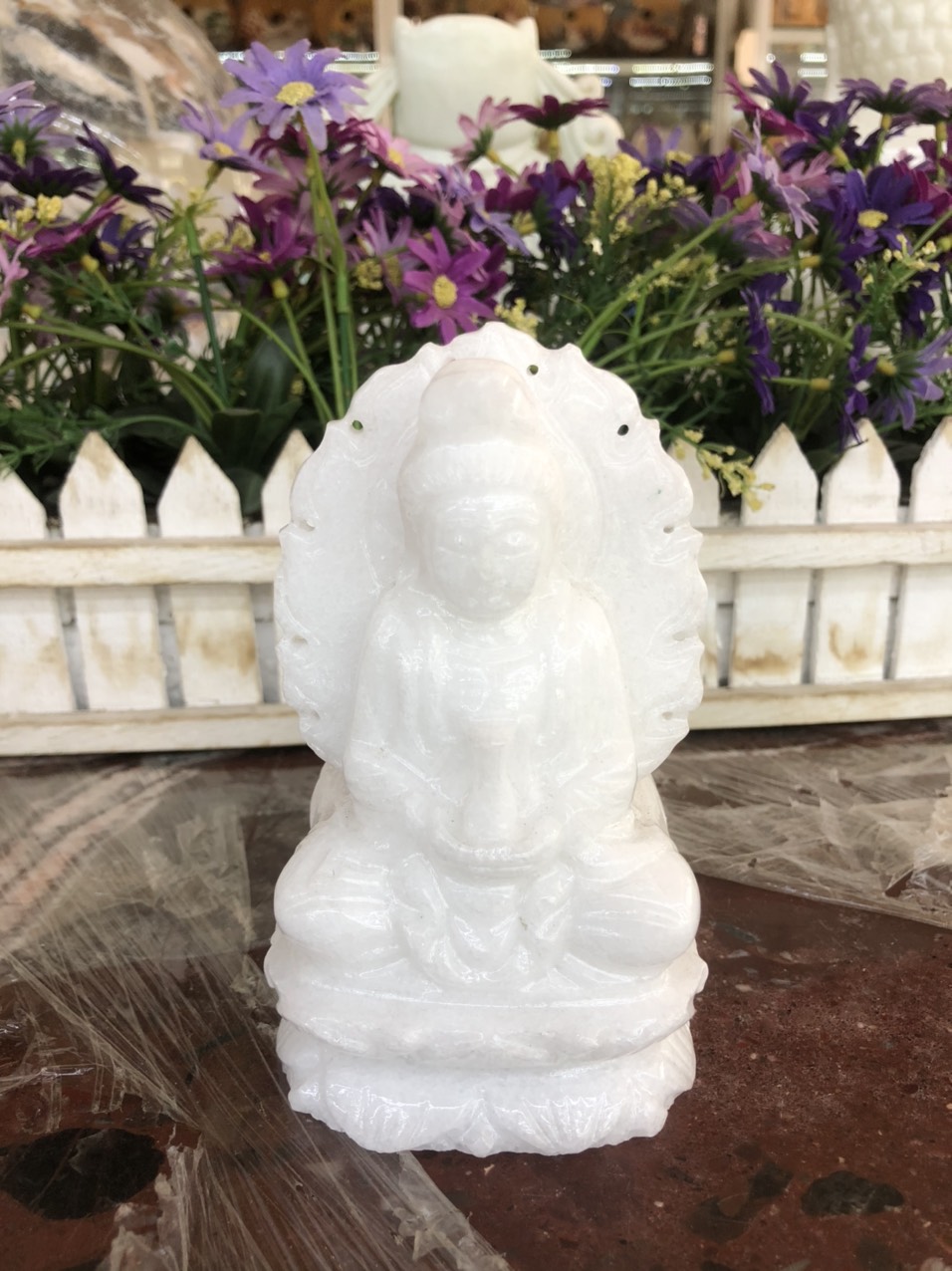 Tượng Phật Bà Quan Âm 2 mặt ngồi đài sen có hào quang đá trắng - Cao 12 cm và 15 cm