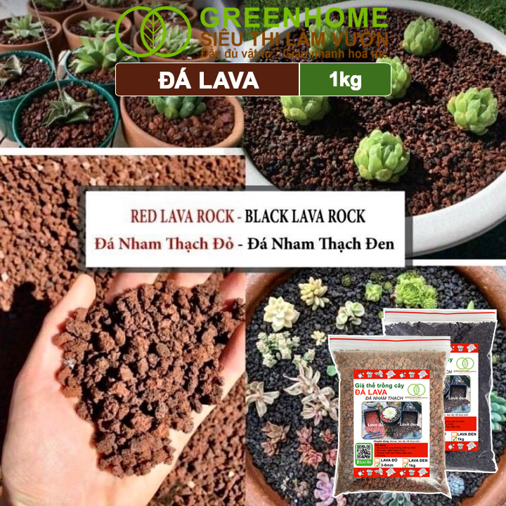 Đá Nham Thạch Lava Greenhome, Bao 1kg, Giá Thể Cho Thủy Sinh, Bonsai, Xương Rồng Màu Đỏ, Đen, Sạch Bụi