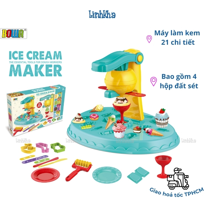 Bộ Đồ Chơi Đất Sét 21 Chi Tiết Chủ Đề Máy Làm Kem - Ice Cream maker Color Dough Set Bowa 8739