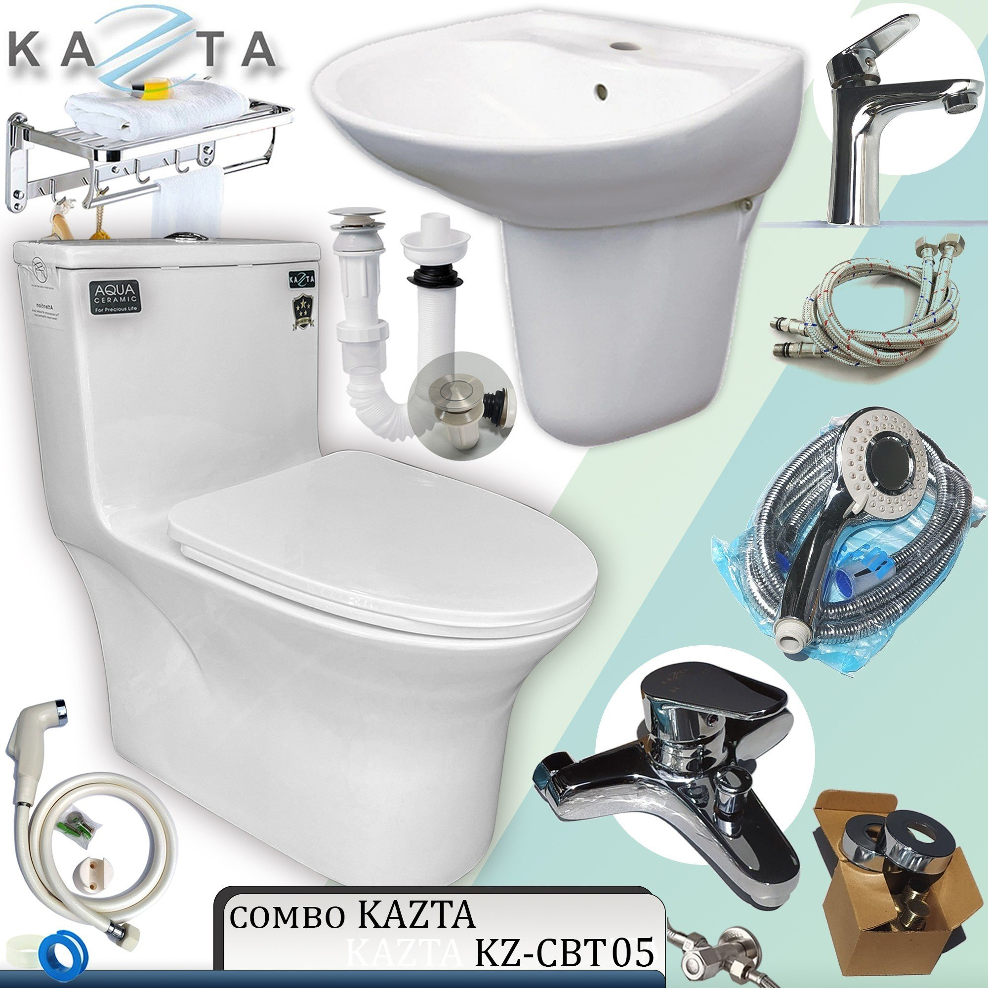 Combo Thiết Bị Nhà Tắm KAZTA KZ-CBT05: Bồn Cầu 1 Khối Xả Nhấn-Lavabo-Treo Tường-Sen Tắm Nóng Lạnh-Vòi Xịt-Giá Treo Khăn Kèm Full Bộ Phụ Kiện Nhà Tắm