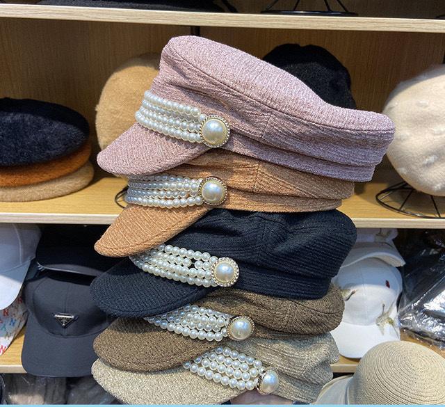 202108-m-tonbu27 Mới Thu Mùa Xuân Dây Đính Ngọc Trai Nút Nữ Giải Trí Bát Giác Nón Nữ Tấm Che Nắp