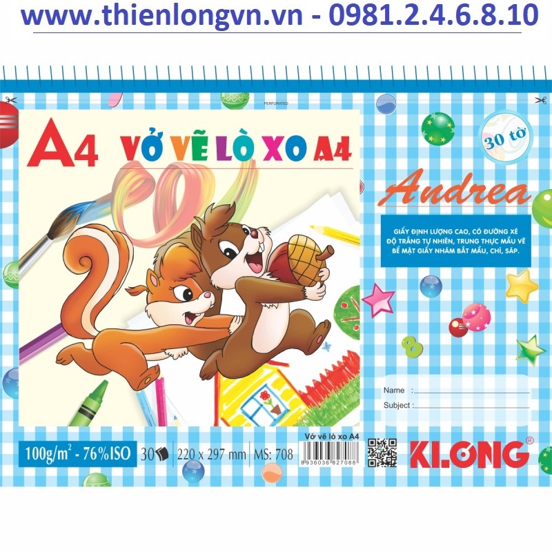 Vở vẽ lò xo xé A4 - 30 tờ; Klong 708