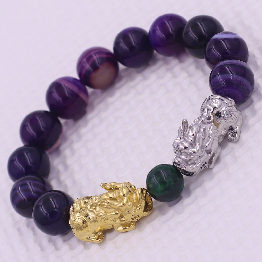 Vòng chuỗi đeo tay mã não tím sọc 12 ly charm tỳ hưu đôi inox trắng và vàng, vòng chuỗi phong thủy, charm tỳ hưu, vòng tay hạt chuỗi