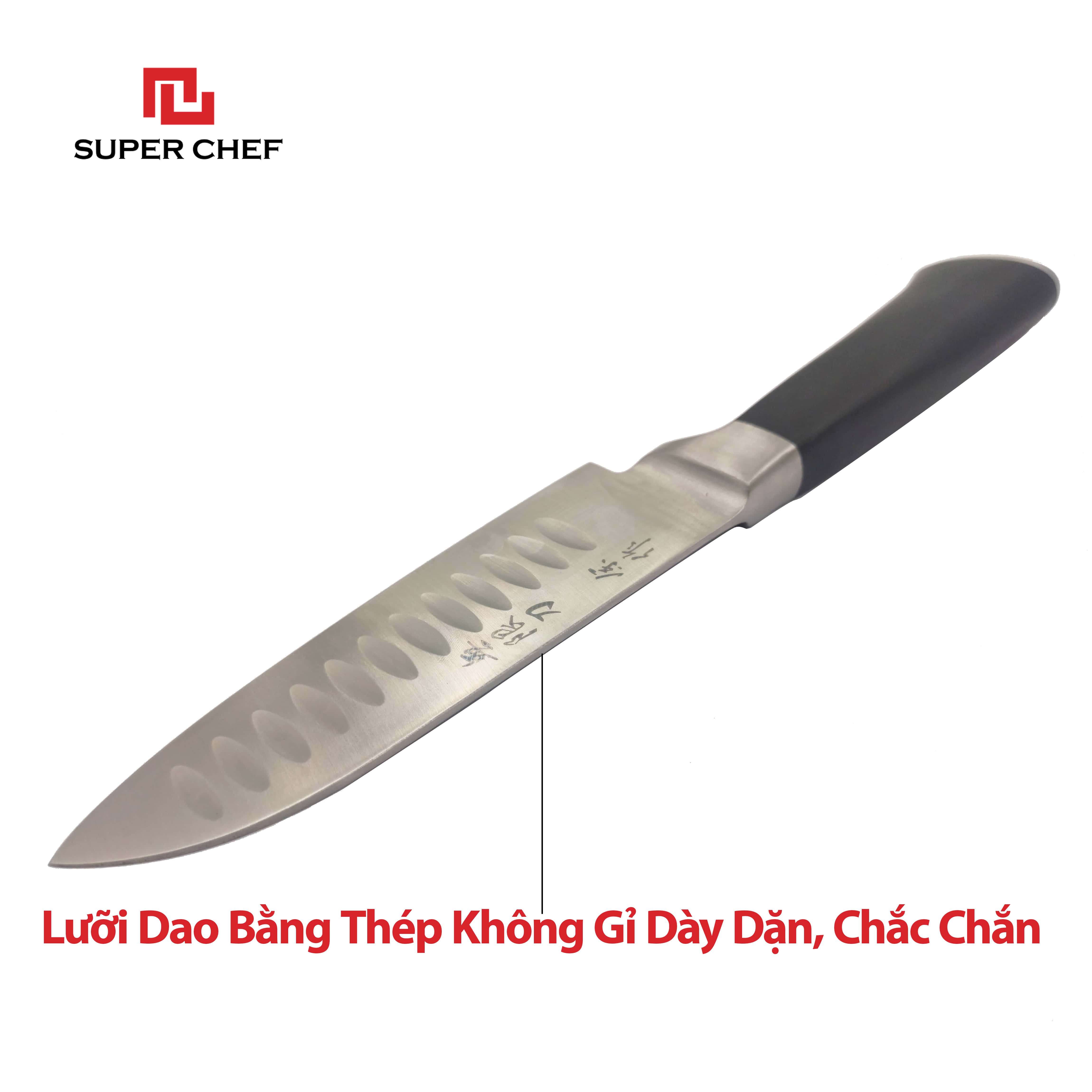 Dao Bếp Chống Dính Ngắn Santoku Chính Hãng Super Chef Công Nghệ Nhật Siêu Sắc Bén, Lâu Cùn, Lưỡi Thép Cao Cấp Không Gỉ Sét , An Toàn Sức Khỏe Siêu Tiện Lợi