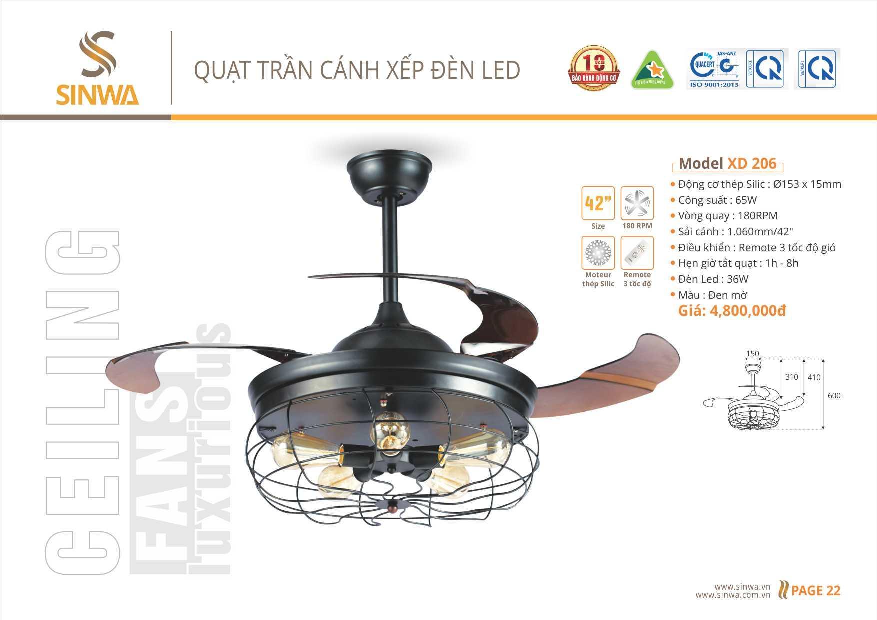 QUẠT TRẦN CÁNH XẾP ĐÈN LED SINWA XD206 (Hàng chính hãng)