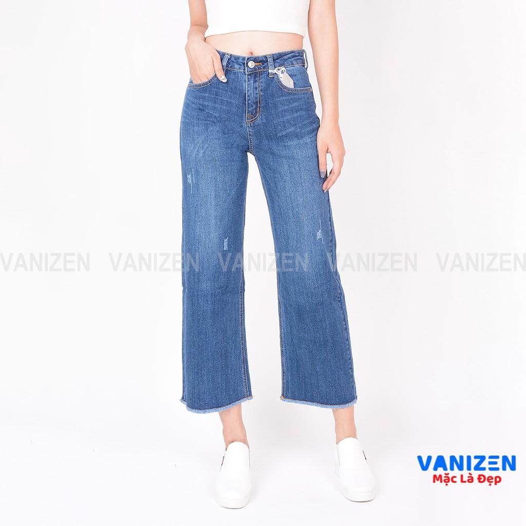 Quần jean nữ ống suông rộng đẹp lưng cao cạp cao xước nhẹ hàng hiệu cao cấp mã 424 VANIZEN