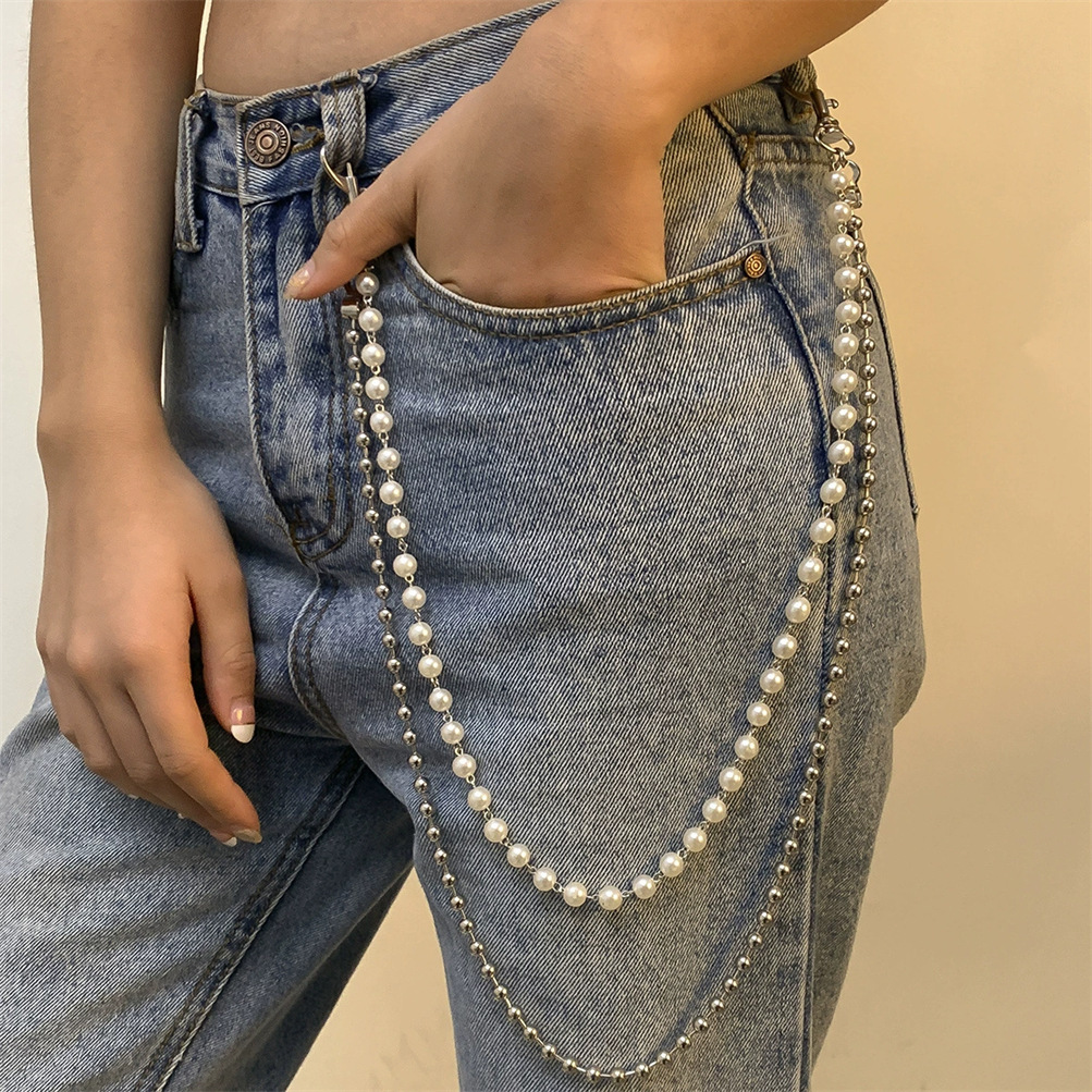 Xích quần jeans bi hai lớp giả ngọc trai dây chuyền gợi cảm thời trang móc khóa dây thắt lưng hot trend phong cách Âu Mỹ