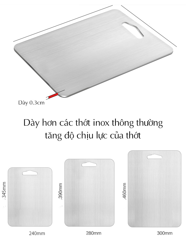 Thớt Inox 304 Kháng Khuẩn Cừờng Lực - Dày 3mm- Vệ Sinh Dễ Dàng- Rã Đông Nhanh - Chống Ẩm Mốc - Không Xước Dăm- Không Mùn Gỗ