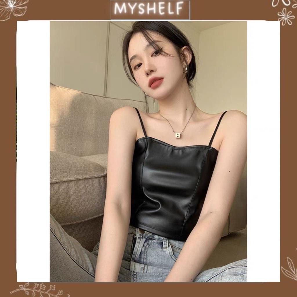 M33. Áo 2 dây da croptop chun lưng sẵn đệm ngực cá tính, áo nữ kiểu croptop da sang chảnh 2023