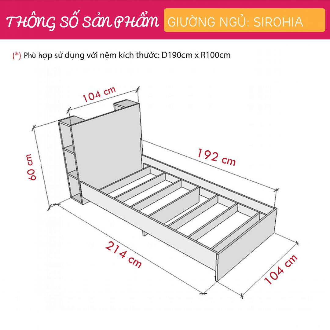 Giường ngủ gỗ hiện đại SMLIFE Sirohia | Gỗ MDF dày 17mm chống ẩm | D214xR104xC60cm