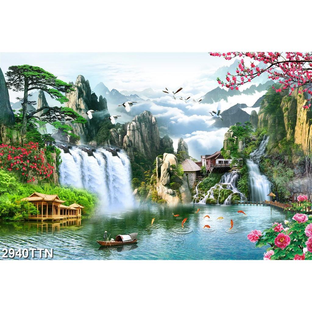 TRANH DÁN TƯỜNG 3D SƠN THUỶ HỮU TÌNH THÁC NƯỚC ĐẸP NHIỀU MẪU - TRANH NON NƯỚC HỮU TÌNH
