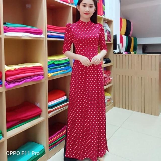 Áo dài chấm bi lụa Hàn Châu