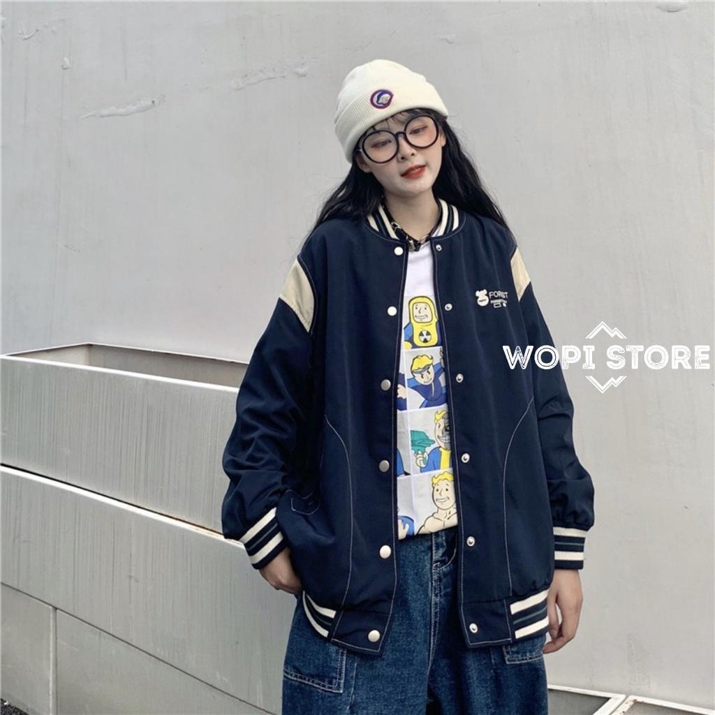 Áo Khoác Bomber FOREST Thêu Gấu Vải Dù 2 Lớp Form Rộng Ulzzang Unisex