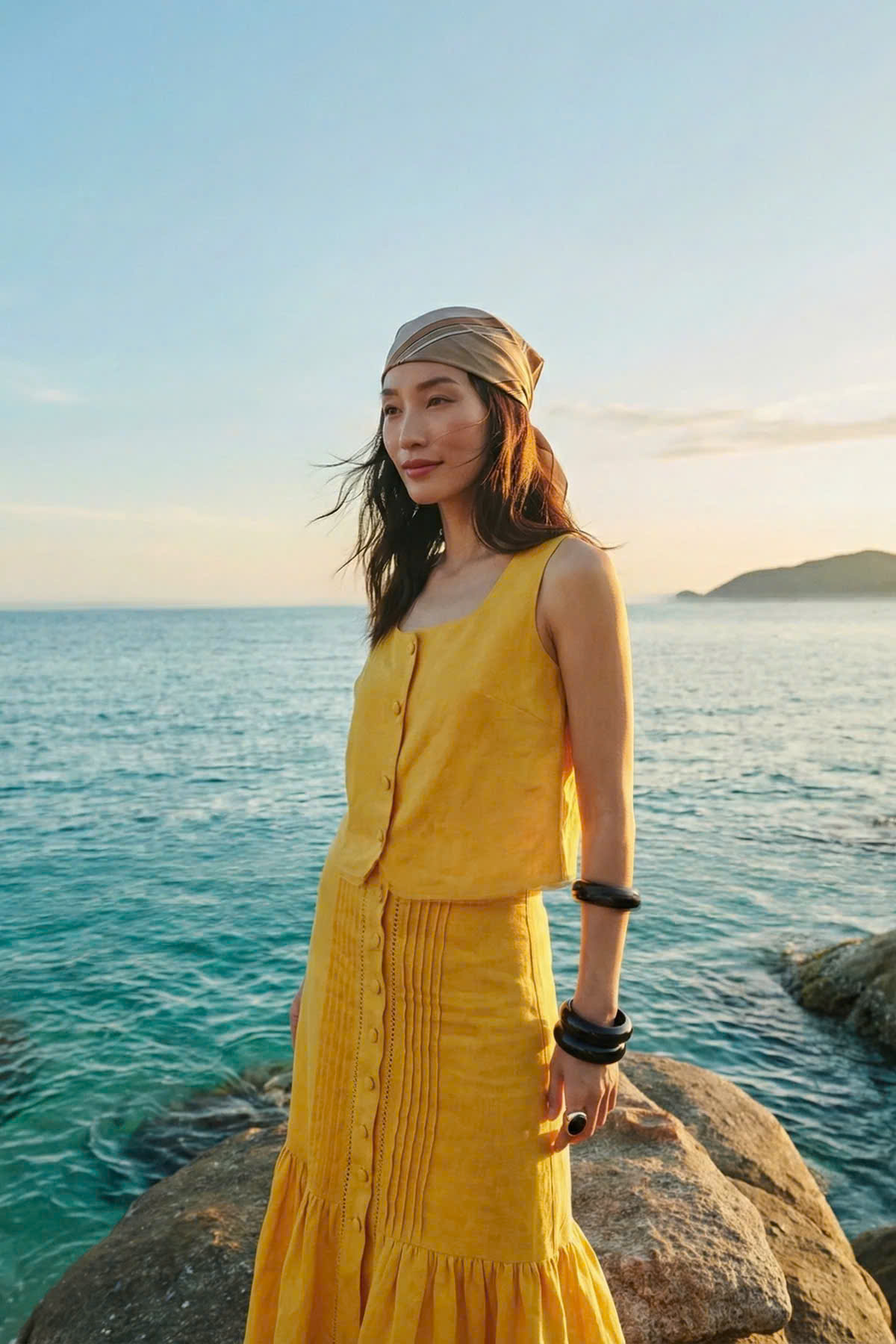 Váy Midi Lưng Thun Linen Vàng Tràng An SKI052 thời trang thiết kế Hity