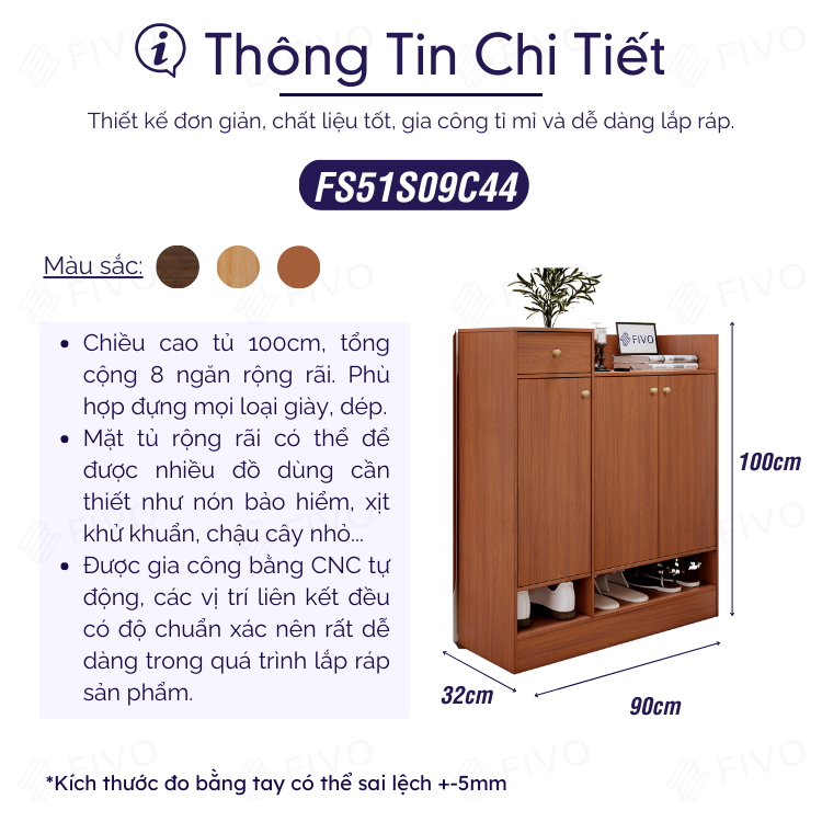 Tủ Đựng Giày Dép Thông Minh FIVO FS51, Chất Liệu Gỗ MDF Chống Ẩm Dày 17mm, Chân Tủ Chắc Chắn, Có Kèm 1 Hộc Tủ Mini - Ngang 90cm