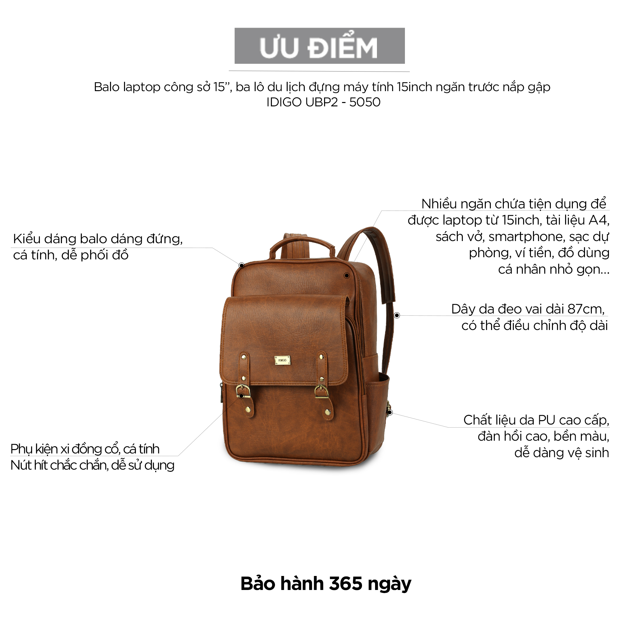 Balo laptop công sở 15”, ba lô du lịch đựng máy tính 15inch ngăn trước nắp gập IDIGO UBP2-5050