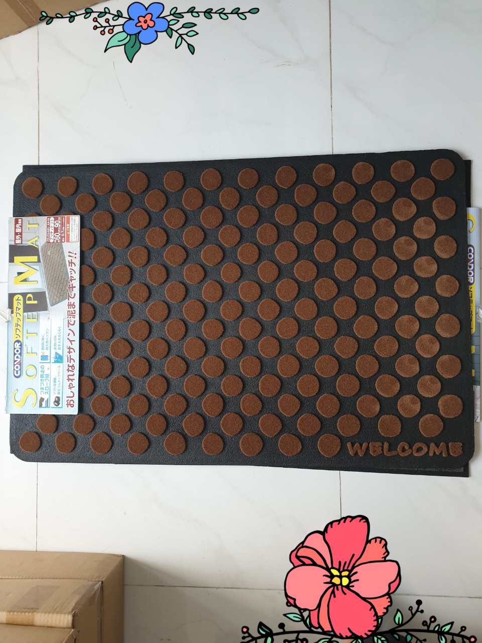 Thảm Welcome BIG SIZE 60x90CM CONDOR Cao su chống trượt tuyệt đối DOORMAT ĐEN HỌA TIẾT TRÒN NÂU