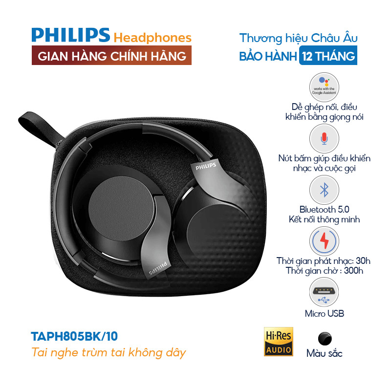 Tai nghe Bluetooth Philips Hi-Res Audio - TAPH805BK/10- Màu đen- chính Hãng Phân Phối