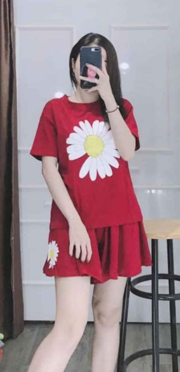 Đồ bộ mặc nhà quần giả váy kèm áo in hoa cúc siêu hot