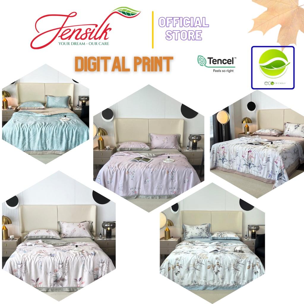 Bộ chăn ga gối cao cấp 100%Tencel 100s Digital Print, Set 4 món chăn chần hè phối ren siêu mềm mát mịn