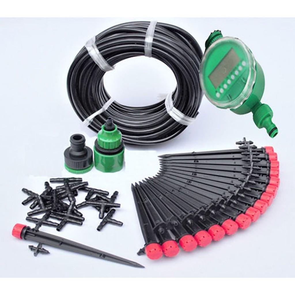 Bộ béc tưới cây nhỏ giọt tự động 20 đầu cắm phun 8 tia kèm van nước hẹn giờ