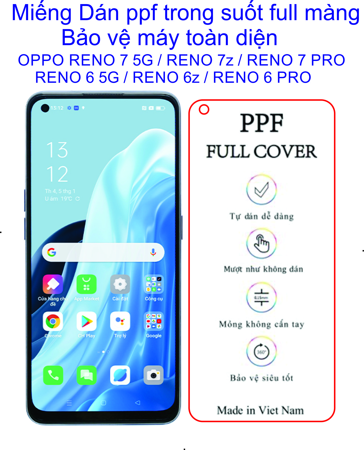 Dán PPF mặt trước OPPO Reno 7 5g / reno 7pro  7z 5G / reno 6 5G / reno 6z / reno 5 / reno 4 / reno 4pro Bảo vệ màng hình